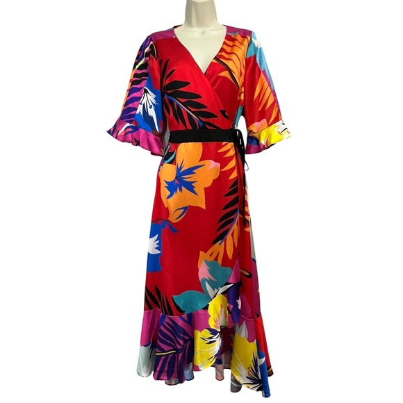 Liquorish Dresses & Skirts - Liquorish Dress Womens US 6 Red Multicolor Wrap Midi Ruffle Sleeves Tropical